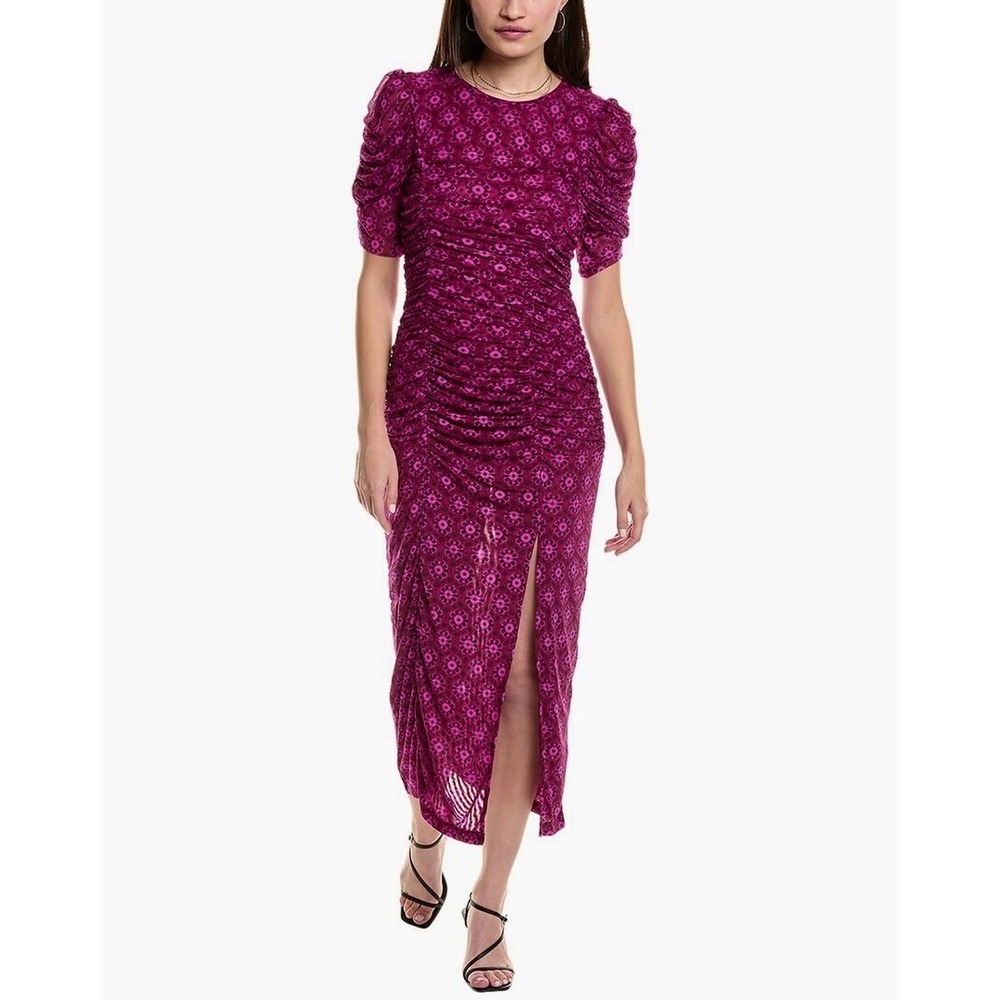 FREE PEOPLE Briella Dress Floral Ruched Midi Fuchsia Combo Ruching Party Large